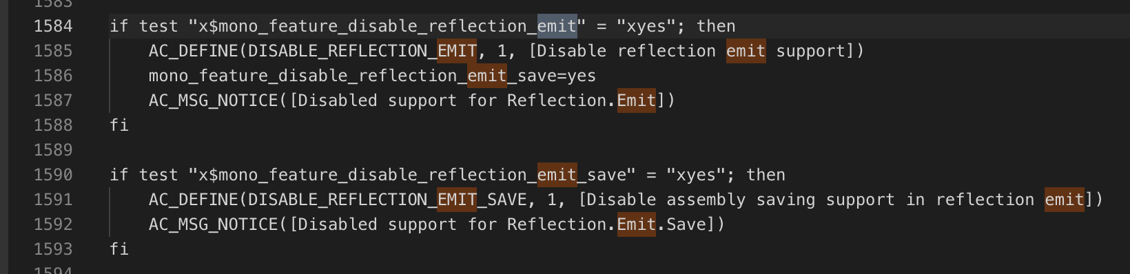 screenshot shows approximately 10 lines/two 'paragraphs' of configure.ac beginning with the line 'if test "x$mono<em>feature</em>disable<em>reflection</em>emit" = "xyes". both 'paragraphs' should be removed