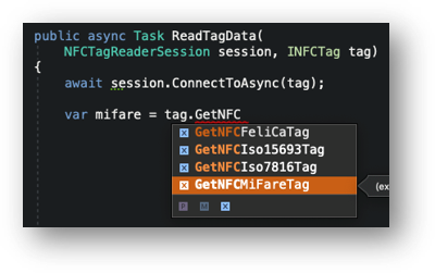 an image of VS4Mac autocomplete on an `INFCTag` that shows the possible completions for `GetNFC` - `GetNFCFeliCaTag`, `GetNFCIso15693Tag`, `GetNFCIso7816Tag`, GetNFCMiFareTag`