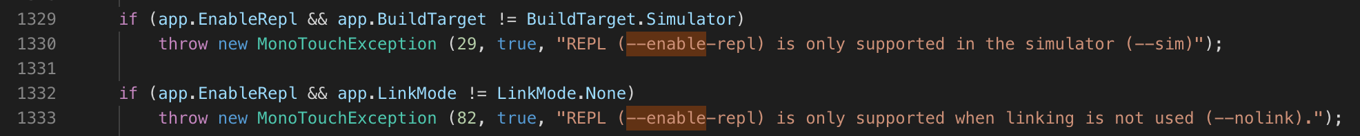 screenshot shows ~4 lines/2 'paragraphs' of checks in mtouch.cs related to the '--enable-repl' flag that were to be removed. It seems the file has changed a little since the blog post so this may not be relevant any longer.