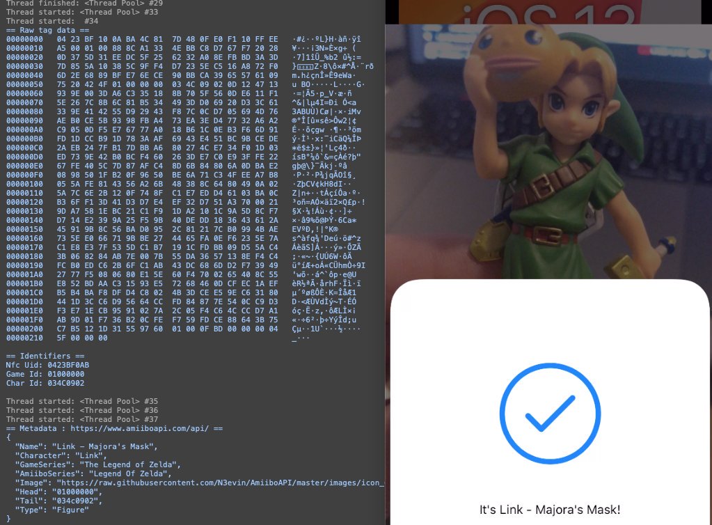 image showing the console output from the demo app when an Amiibo is successfully scanned. It includes a hex dump, key game/character identifiers and the response from amiiboapi. The scanned amiibo (Link from Majora's mask) is pictured next to it.